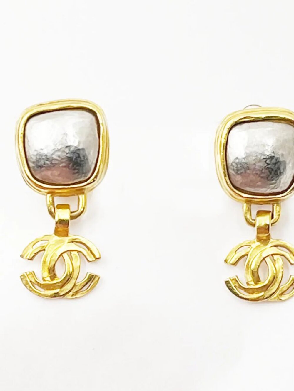 Chanel Vintage Gold Plated Square Silver Stone CC Clip on Earrings